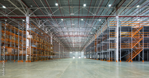 Big automated warehouse, panorama of modern rack system and shelvings
