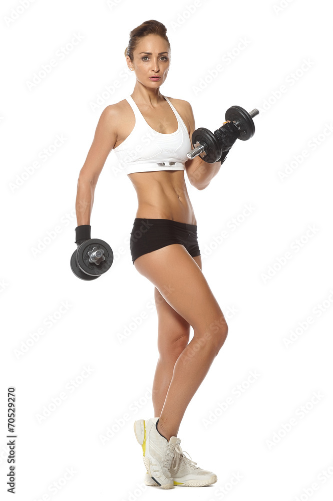 young fit woman lifting dumbbells on white background young fit woman lifting dumbbells on white background
