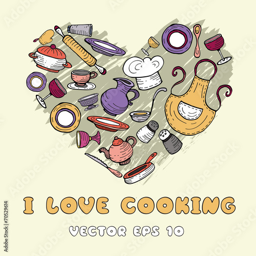 Vector stylized heart with cartoon kitchen ware