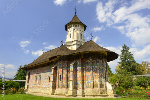 Wandmalerei an der Kirche des rumänischen Klosters Moldovita Monastery in der Bucovina