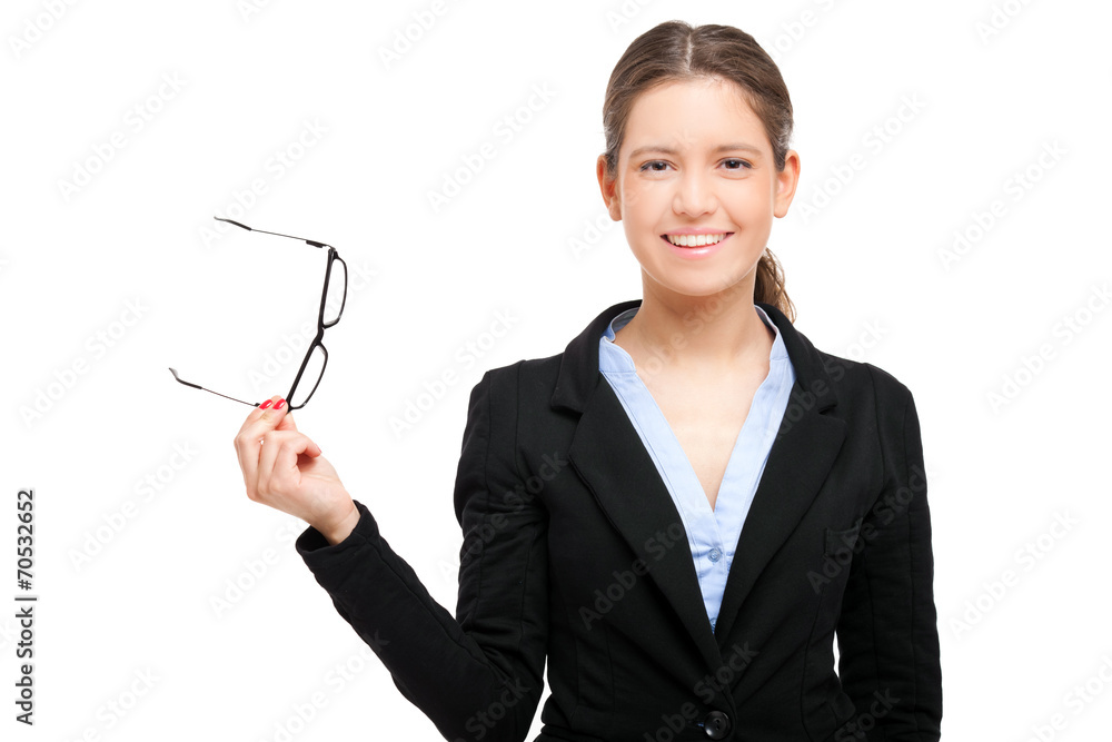 Smiling female manager holding her glasses