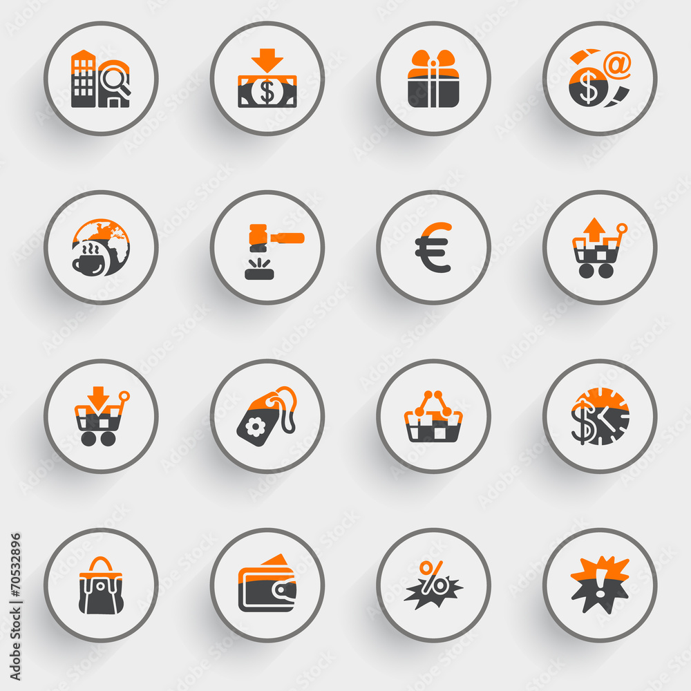 Commerce icons with white buttons on gray background. Commerce icons with white buttons on gray background.