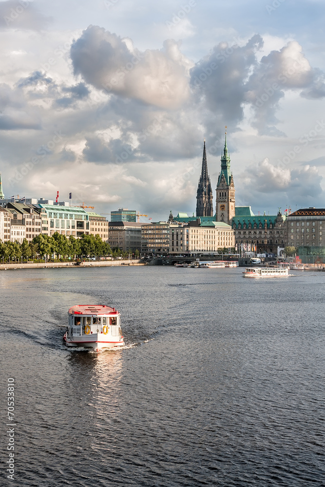 View of the Binnenalster lake and the center of Hamburg