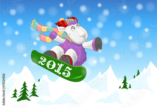 Funny ram riding a snowboard on winter mountain landscape