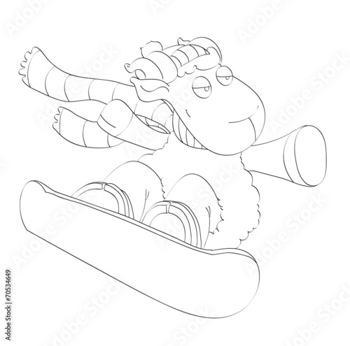 Contour of cute ram riding a snowboard on isolated white