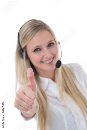 Woman Wearing Headset Giving Thumbs Up to Camera