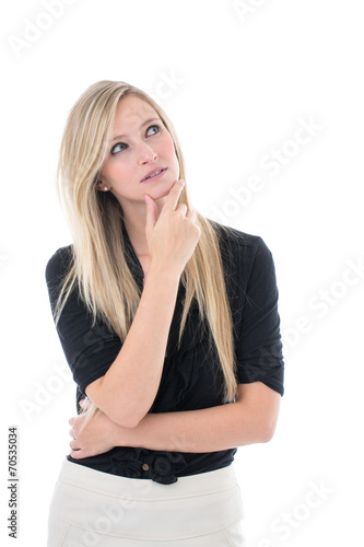 Thinking Blond Woman with Hand on Chin in Studio