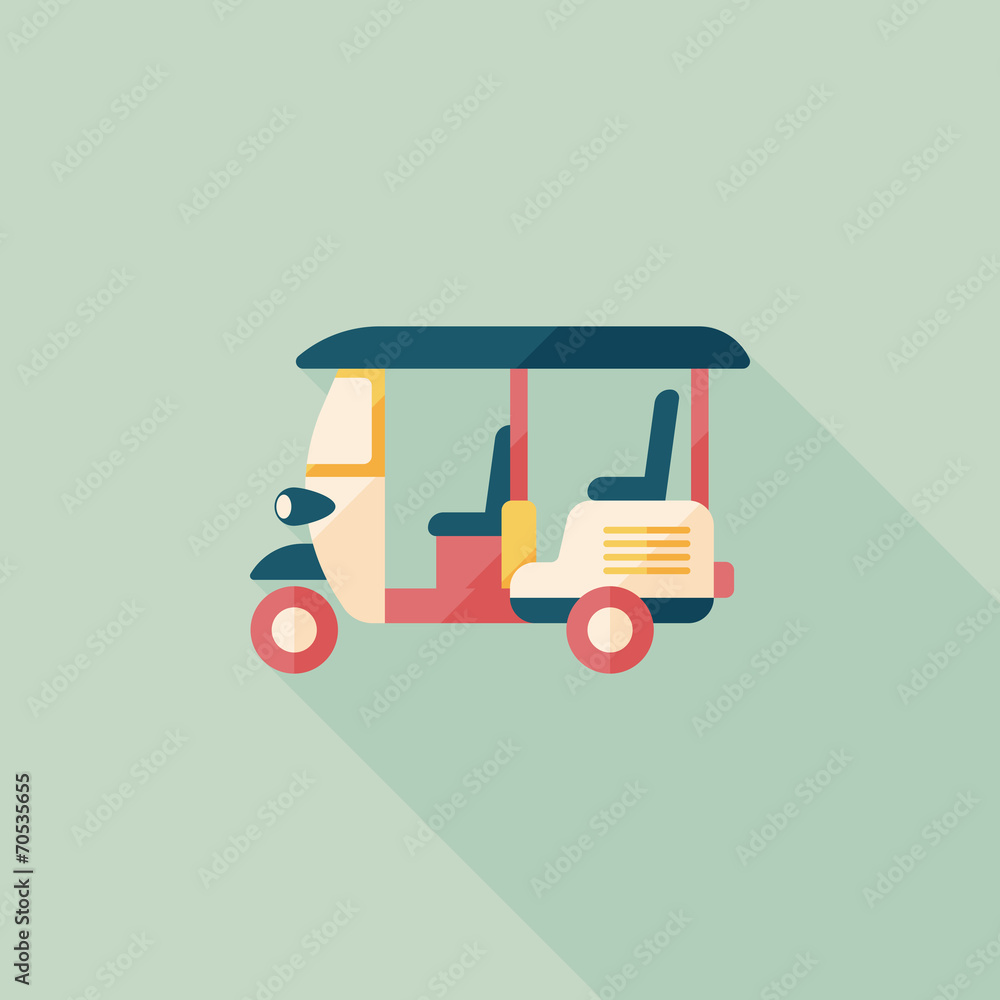 Three wheeled motor rickshaw, flat icon with long shadow