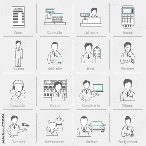 Set icons salesman flat line