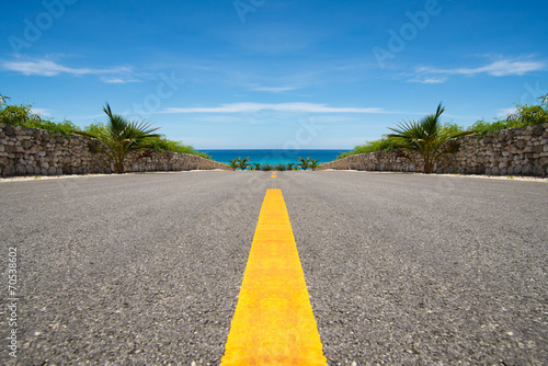 Road with yellow line ending in tropical sea, ocean