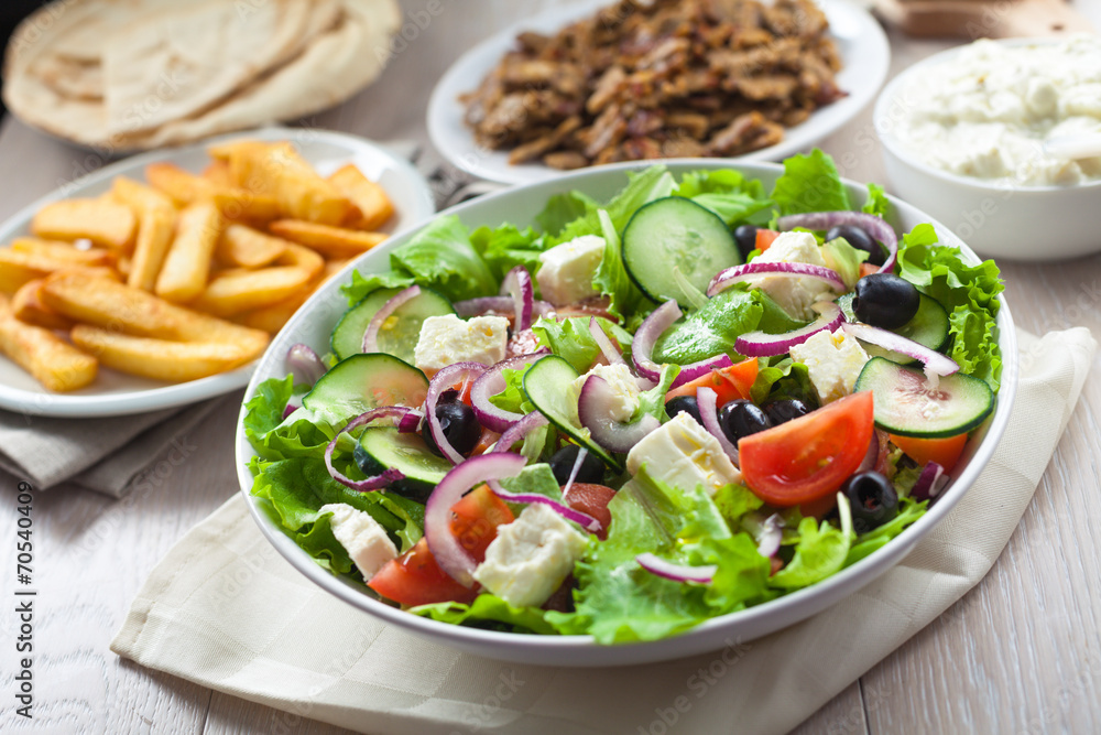 Greek Salad with Gyros and Fries