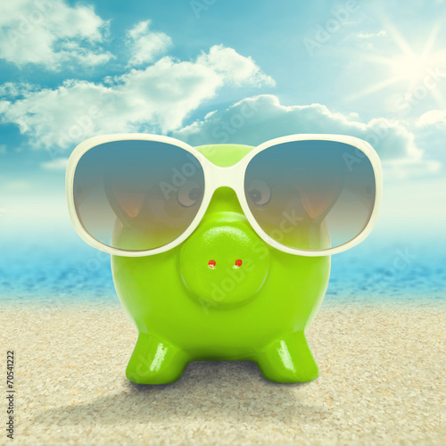 Piggy bank in sunglasses on the beach - 1 to 1 ratio
