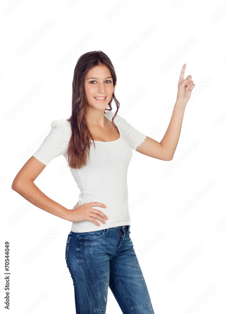 Casual girl pointing something Casual girl pointing something