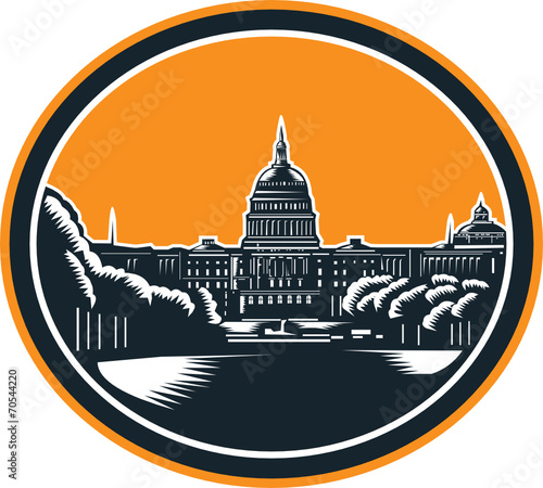 United States Capitol Building Woodcut Retro