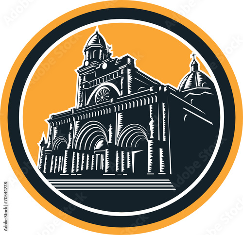 Manila Cathedral Woodcut Retro