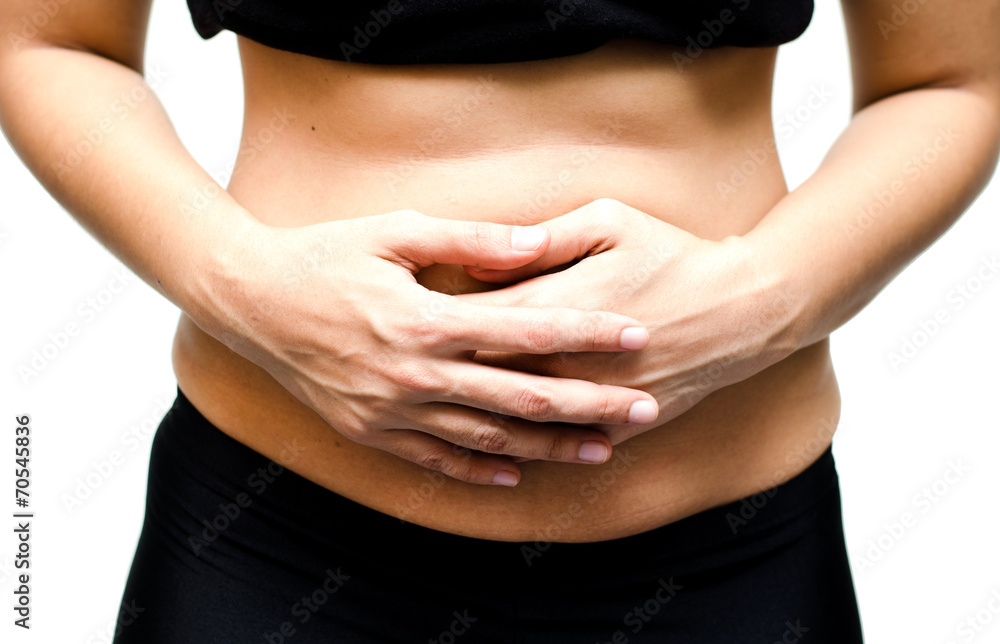Close up woman with stomachache, isolated on white background Close up woman with stomachache, isolated on white background