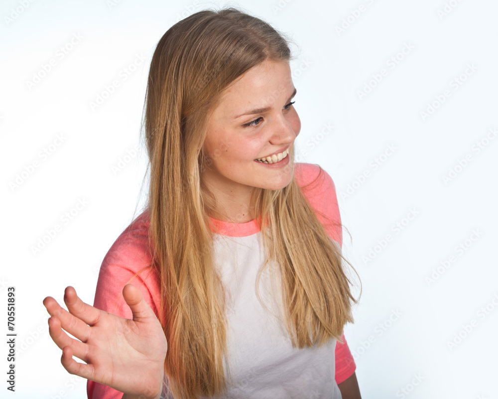 Scandinavian cute young girl waving with her hand Scandinavian cute young girl waving with her hand