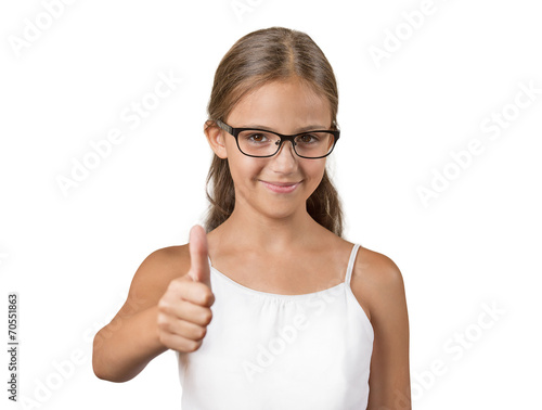 Happy teenager girl showing thumbs up white background 