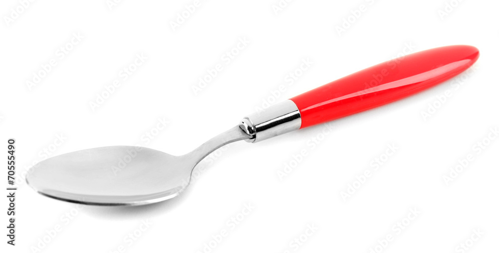 Metal spoon with red handle isolated on white Metal spoon with red handle isolated on white