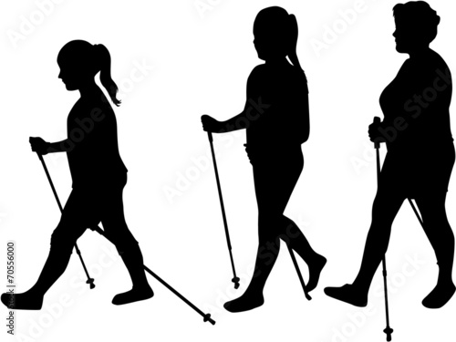 Vector silhouette of women with Nordic walking.