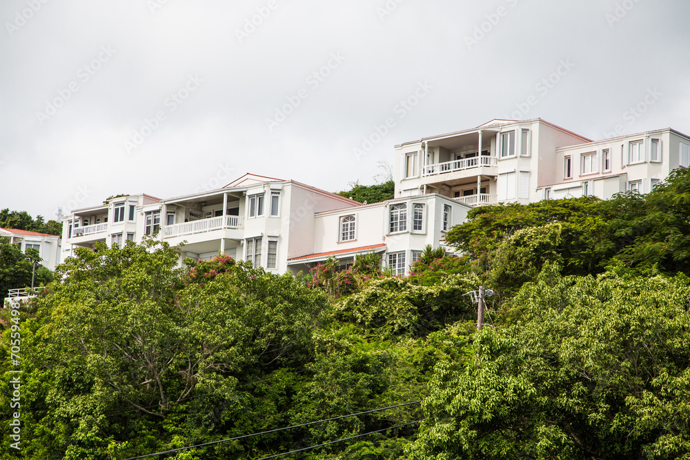 Pink Condos Over Green Shrubs