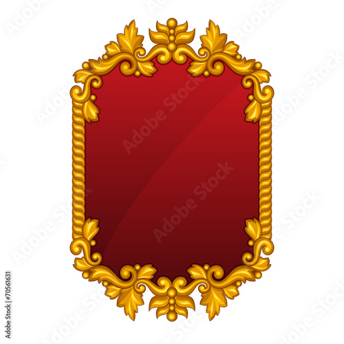 Baroque ornamental antique gold frame on white background.