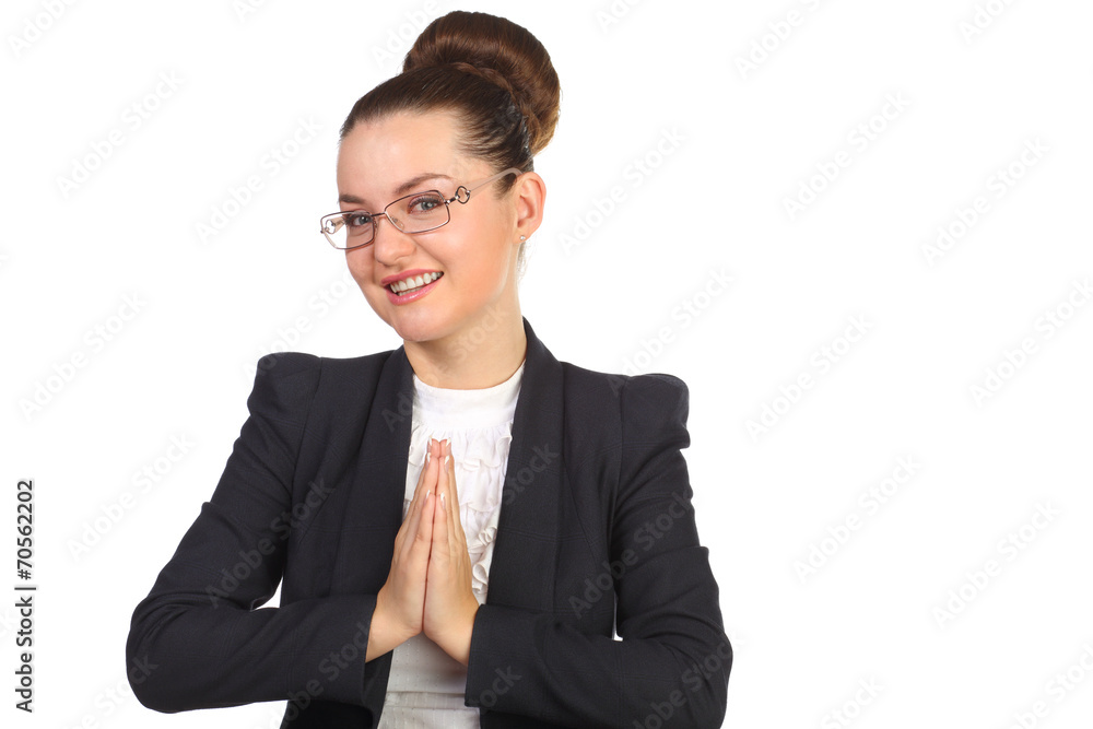 business woman wearing glasses and black suit with hands folded business woman wearing glasses and black suit with hands folded
