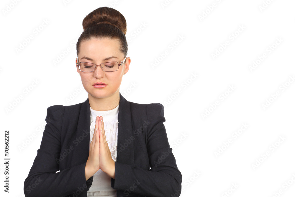 business woman closed her eyes and folded her hands together business woman closed her eyes and folded her hands together