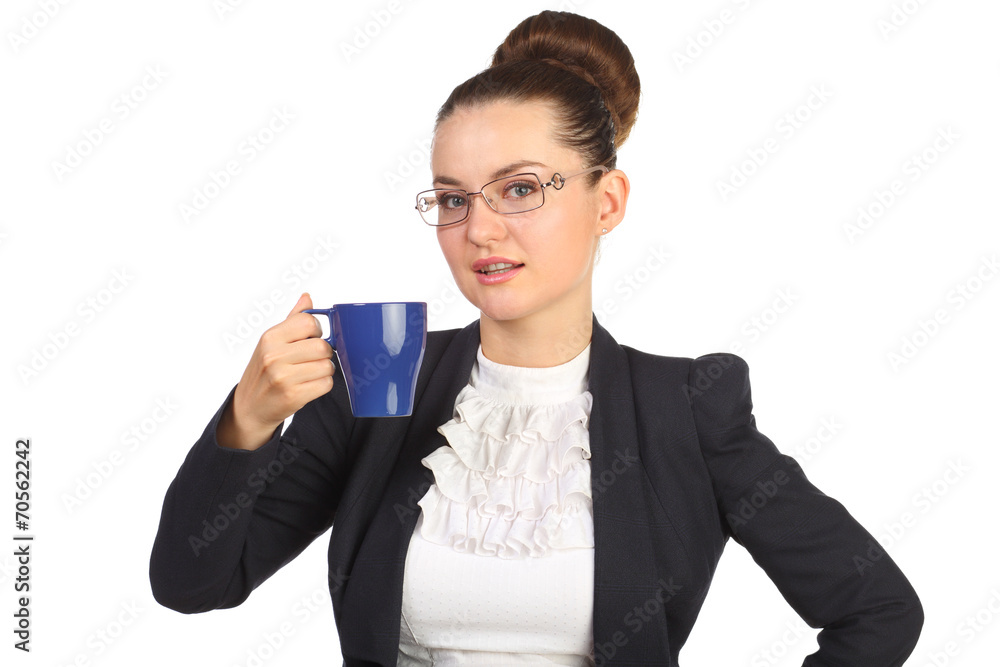 Beautiful business woman in black suit with blue cup of tea Beautiful business woman in black suit with blue cup of tea