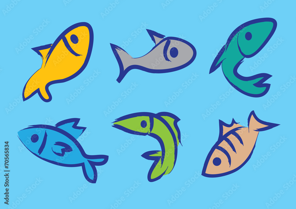 Six vector illustration of colorful fishes