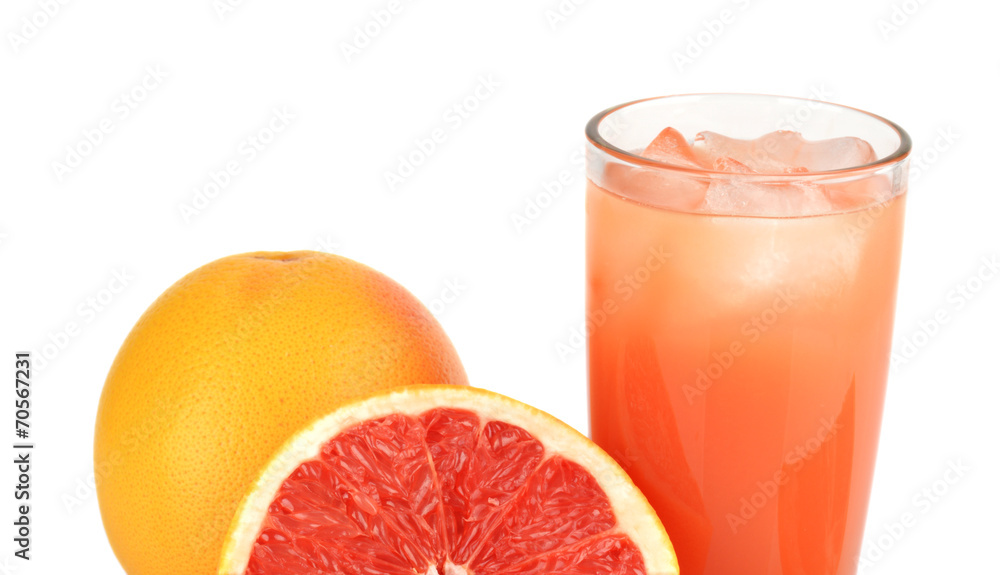 Cropped image sliced two grapefruits with juice isolated white Cropped image sliced two grapefruits with juice isolated white