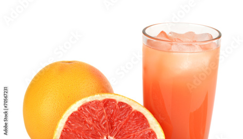 Cropped image sliced two grapefruits with juice isolated white