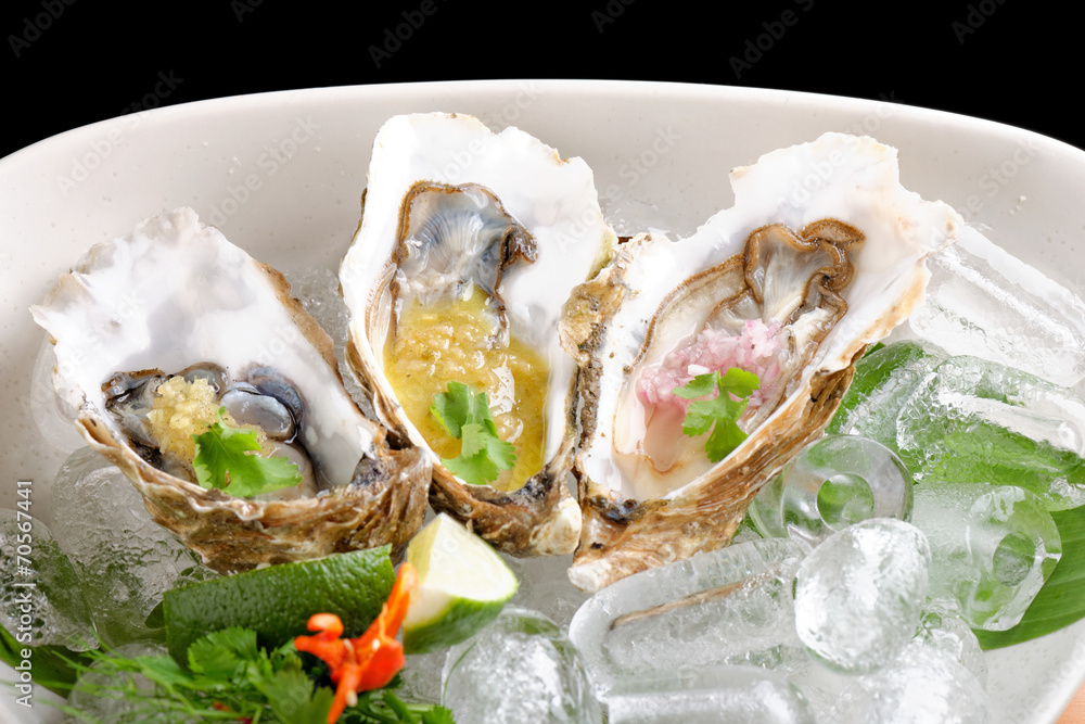 Fresh Oysters with three sauces/Fusion food Fresh Oysters with three sauces/Fusion food