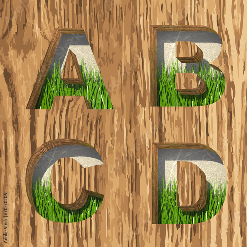 vector wood and grass alphabet letters set