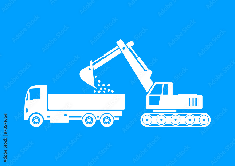 White truck and excavator on blue background