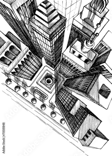 Top view of a city skyscrapers drawing, aerial view sketch