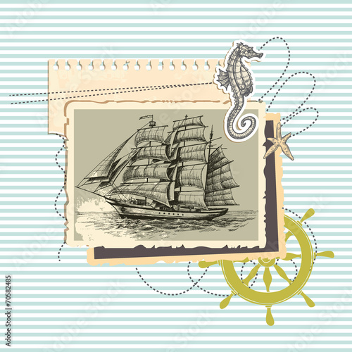 Summer memories, old ship photo and marine elements, retro scrap