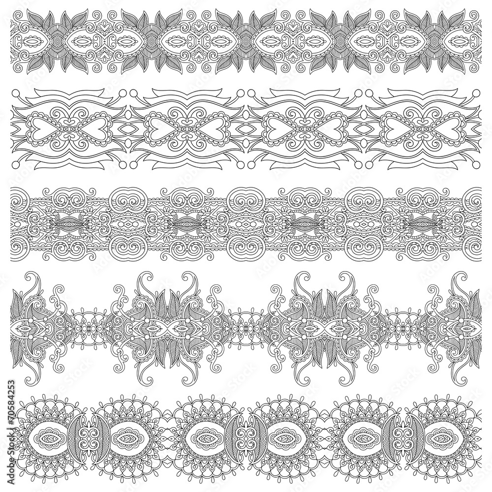 collection of seamless ornamental floral stripes, black and whit