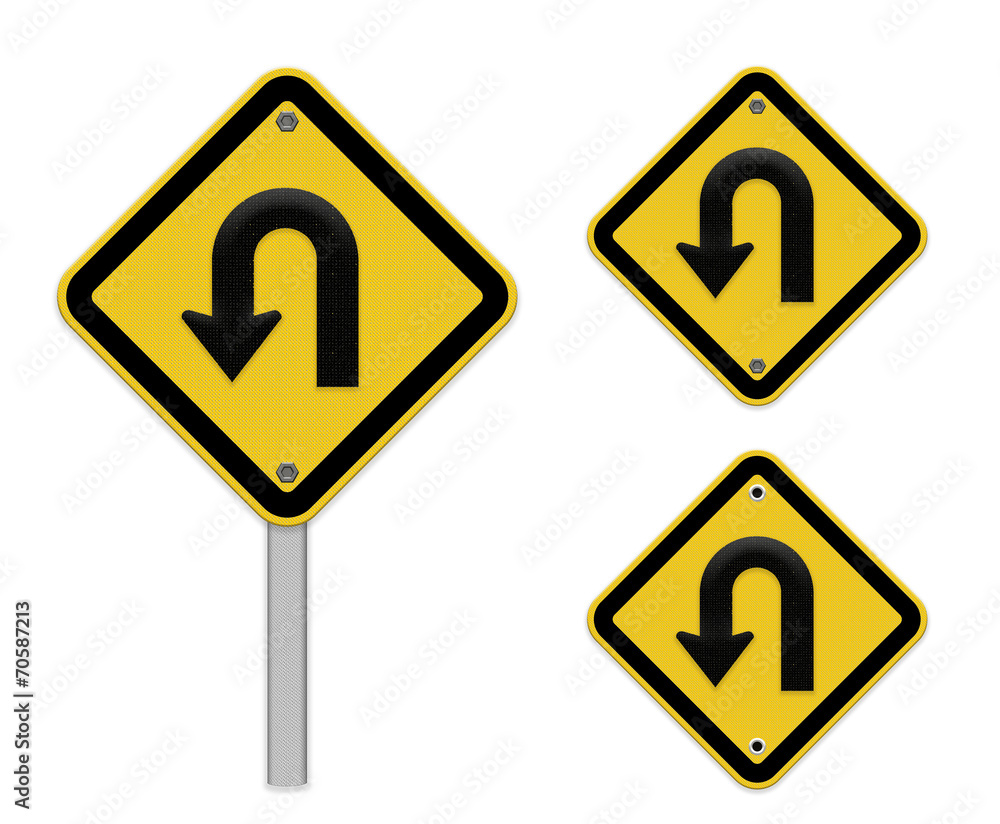 U-Turn Roadsign - Yellow road sign with turn symbol isolated on U-Turn Roadsign - Yellow road sign with turn symbol isolated on