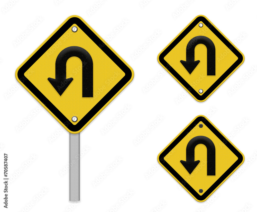 U-Turn Roadsign - Yellow road sign with turn symbol isolated on U-Turn Roadsign - Yellow road sign with turn symbol isolated on