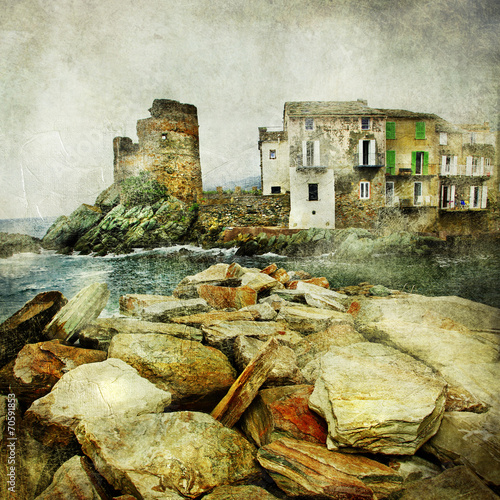 medieval village in Corsica - Erbalunga, artistic retro picture photo