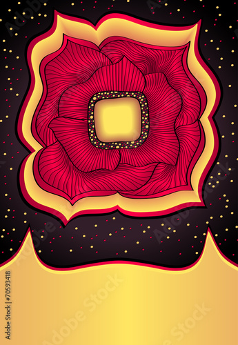 Abstract doodle  red flower with gold on black background