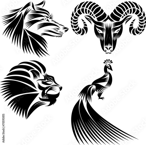 peacock, lion's head, head of a goat, Wolf's head