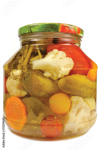 Pickled canned vegetables homemade assortmen, isolated glass jar photo