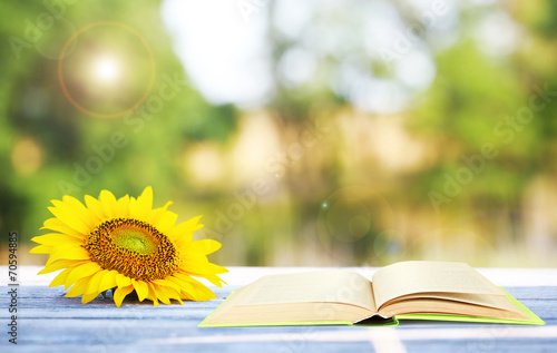 Fototapeta Naklejka Na Ścianę i Meble -  Open book with sunflower on table outdoors