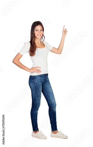 Casual girl pointing something