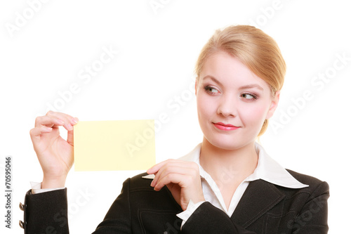 Ad. Businesswoman holding blank copy space card