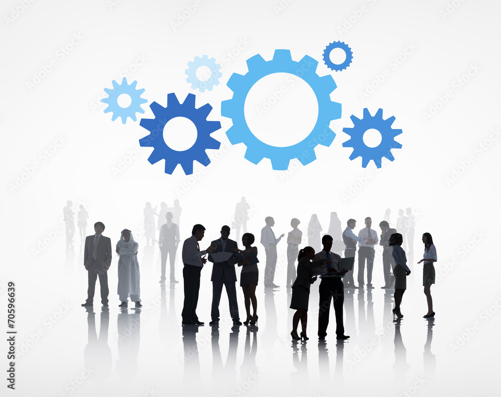 Silhouettes of People Working and Gears Above Silhouettes of People Working and Gears Above