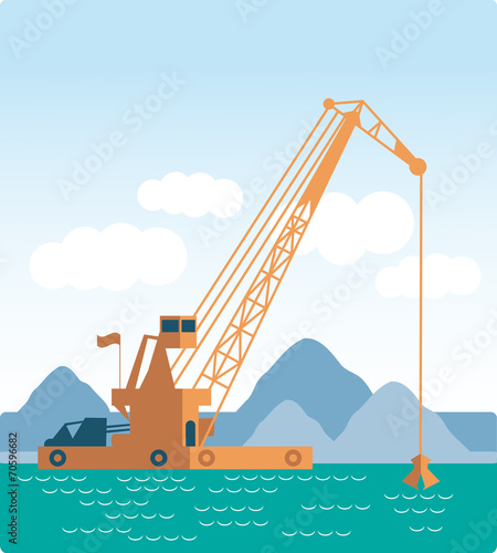 Modern style flat Huge crane barge Industrial ship that digs