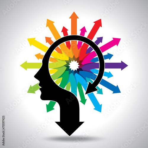 Thoughts and options. vector illustration of head with arrows